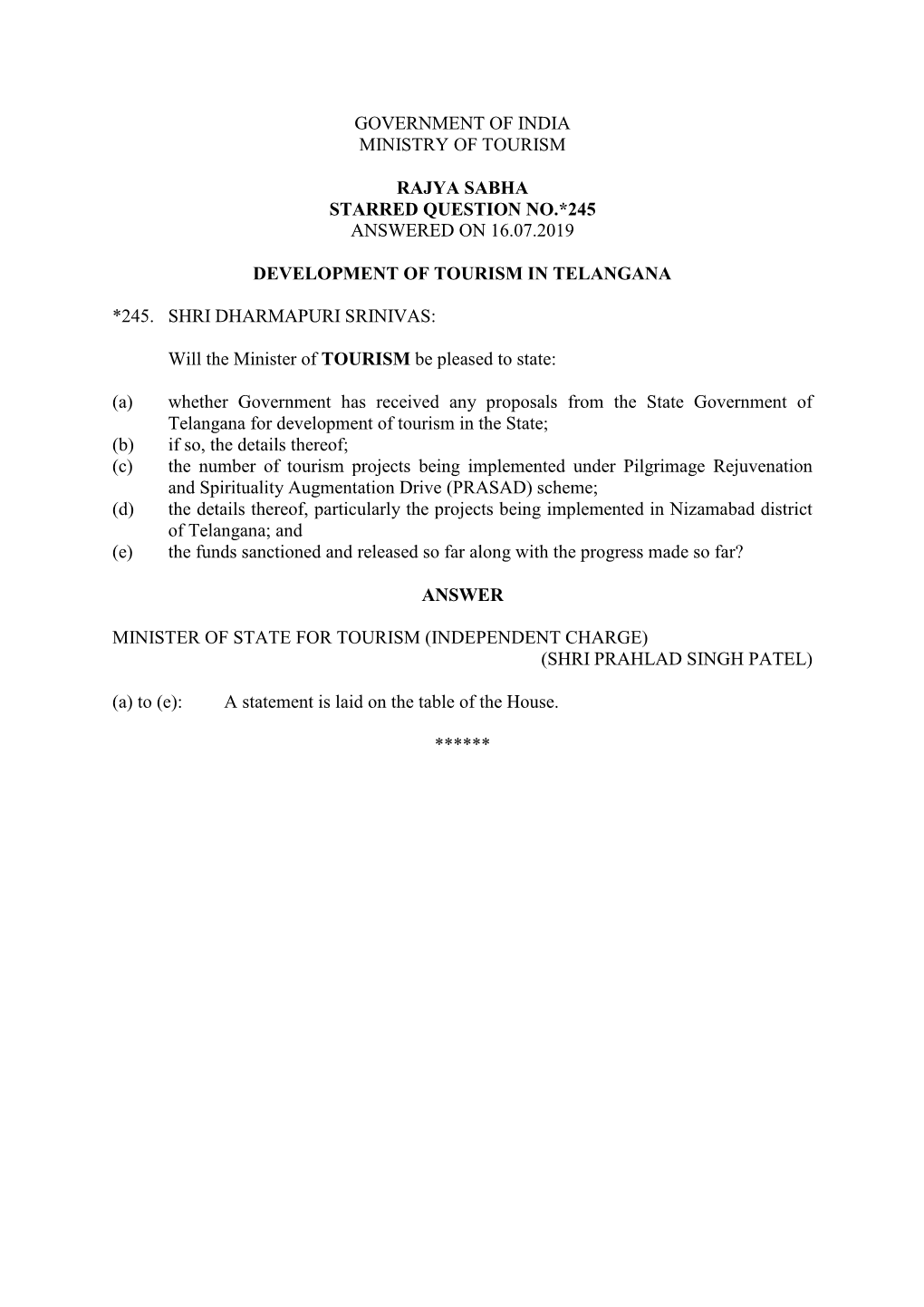 Government of India Ministry of Tourism Rajya Sabha