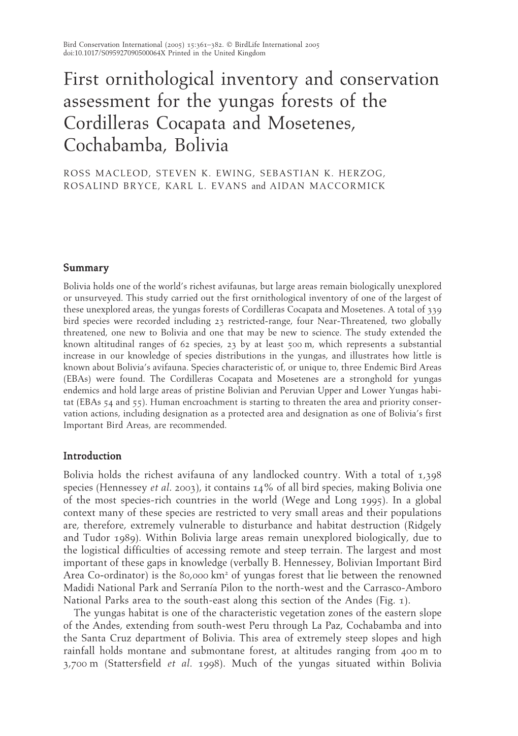 First Ornithological Inventory and Conservation Assessment for the Yungas Forests of the Cordilleras Cocapata and Mosetenes, Cochabamba, Bolivia