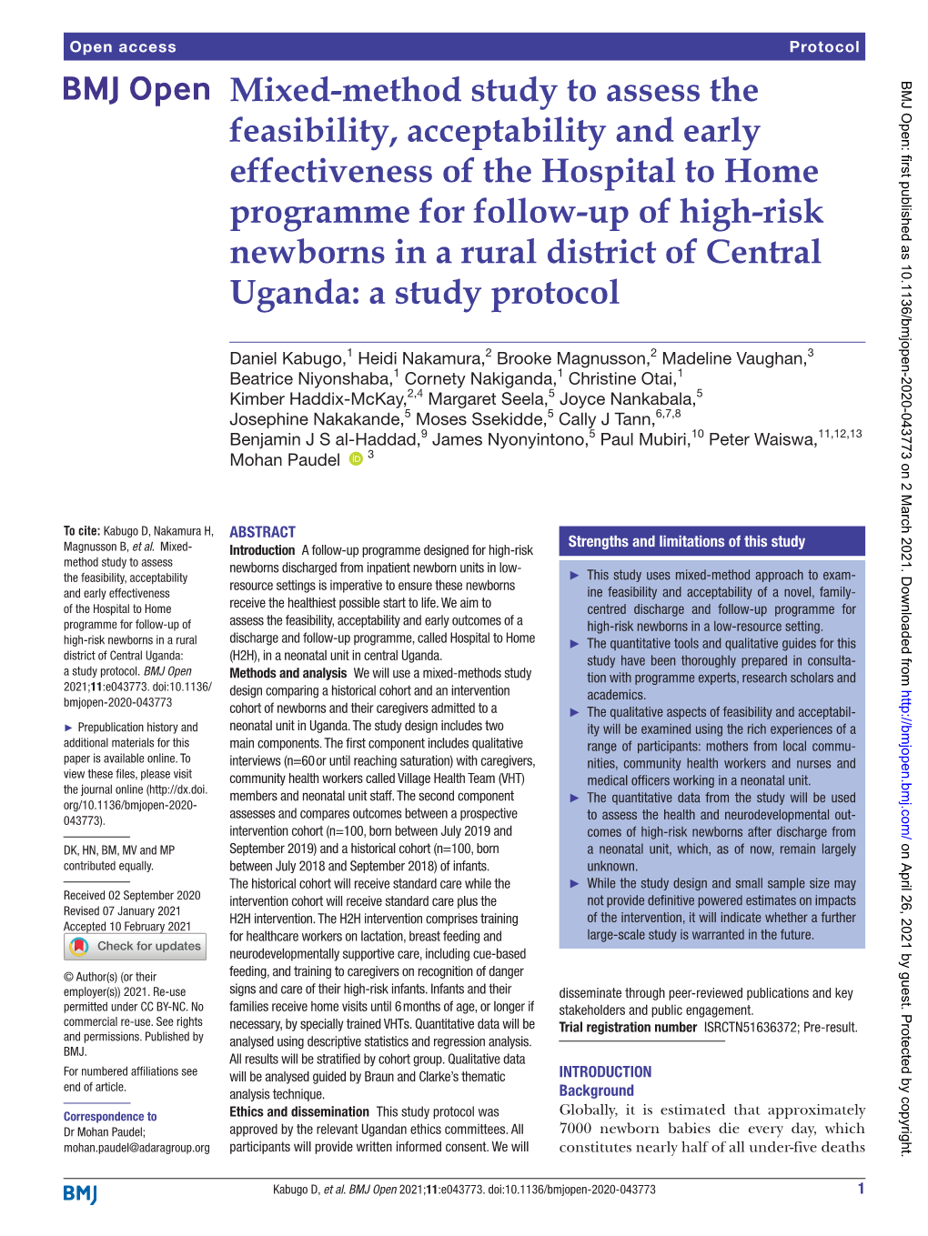 Mixed- Method Study to Assess the Feasibility, Acceptability and Early Effectiveness of the Hospital to Home Programme for Follo