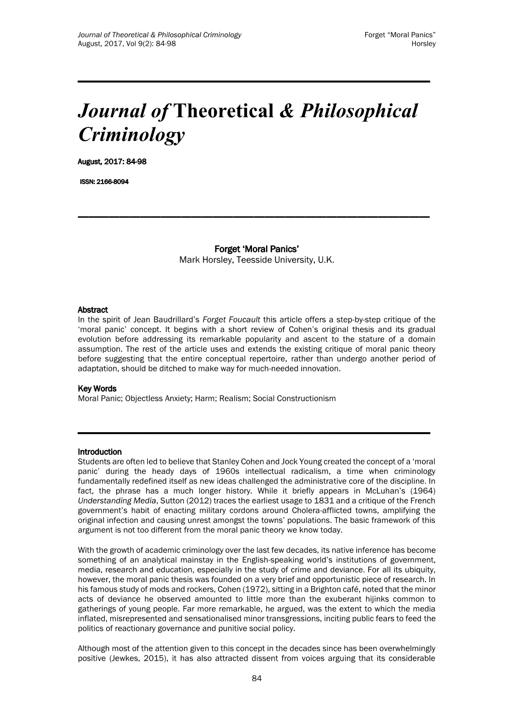 Moral Panics” August, 2017, Vol 9(2): 84-98 Horsley ______Journal of Theoretical & Philosophical Criminology