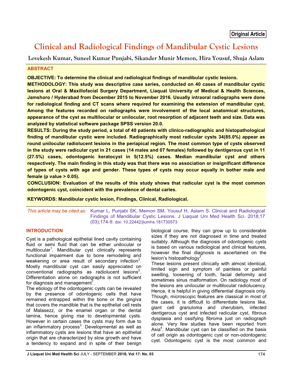 Clinical and Radiological Findings of Mandibular Cystic Lesions