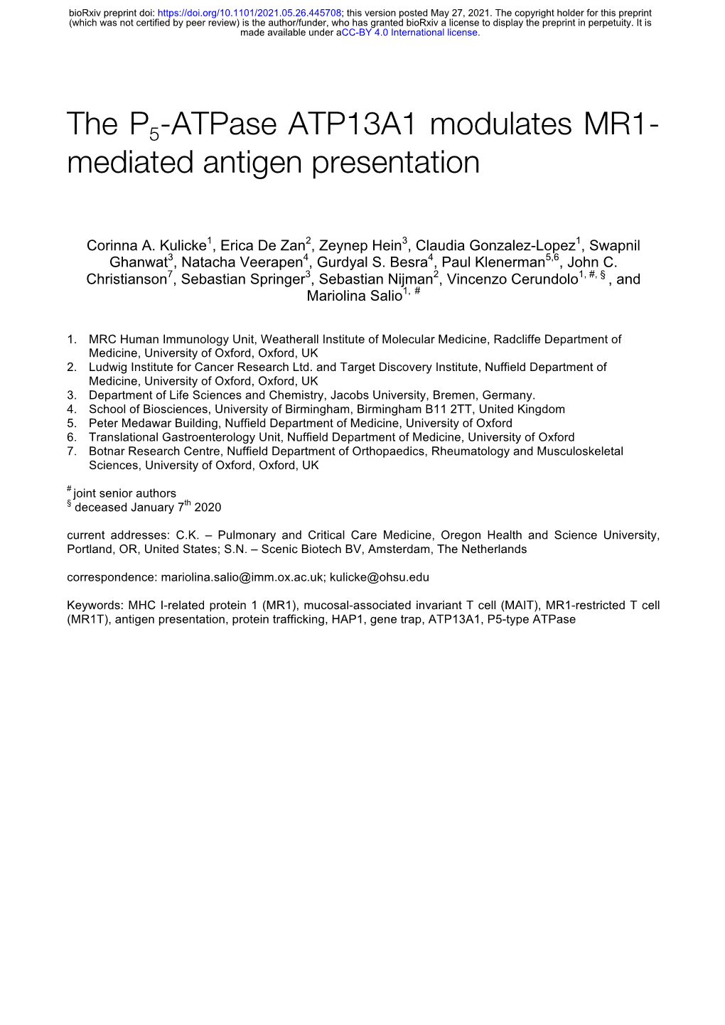 The P5-Atpase ATP13A1 Modulates MR1-Mediated Antigen Presentation