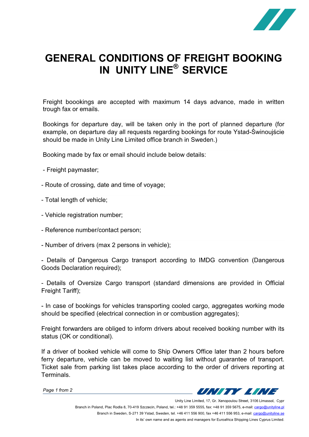 General Conditions of Freight Booking in Unity Line Service