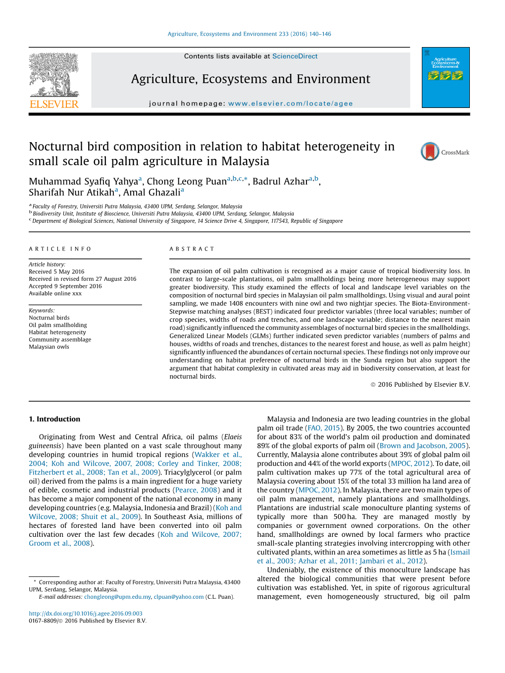 Nocturnal Bird Composition in Relation to Habitat Heterogeneity in Small Scale Oil Palm Agriculture in Malaysia