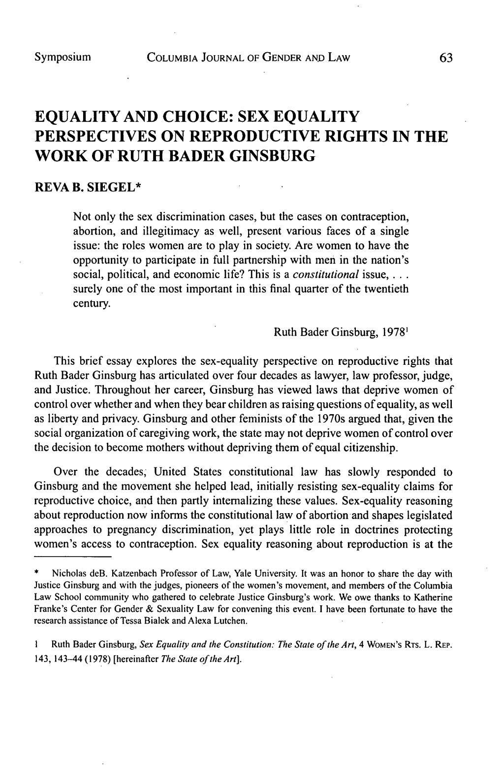 Sex Equality Perspectives on Reproductive Rights in the Work of Ruth Bader Ginsburg