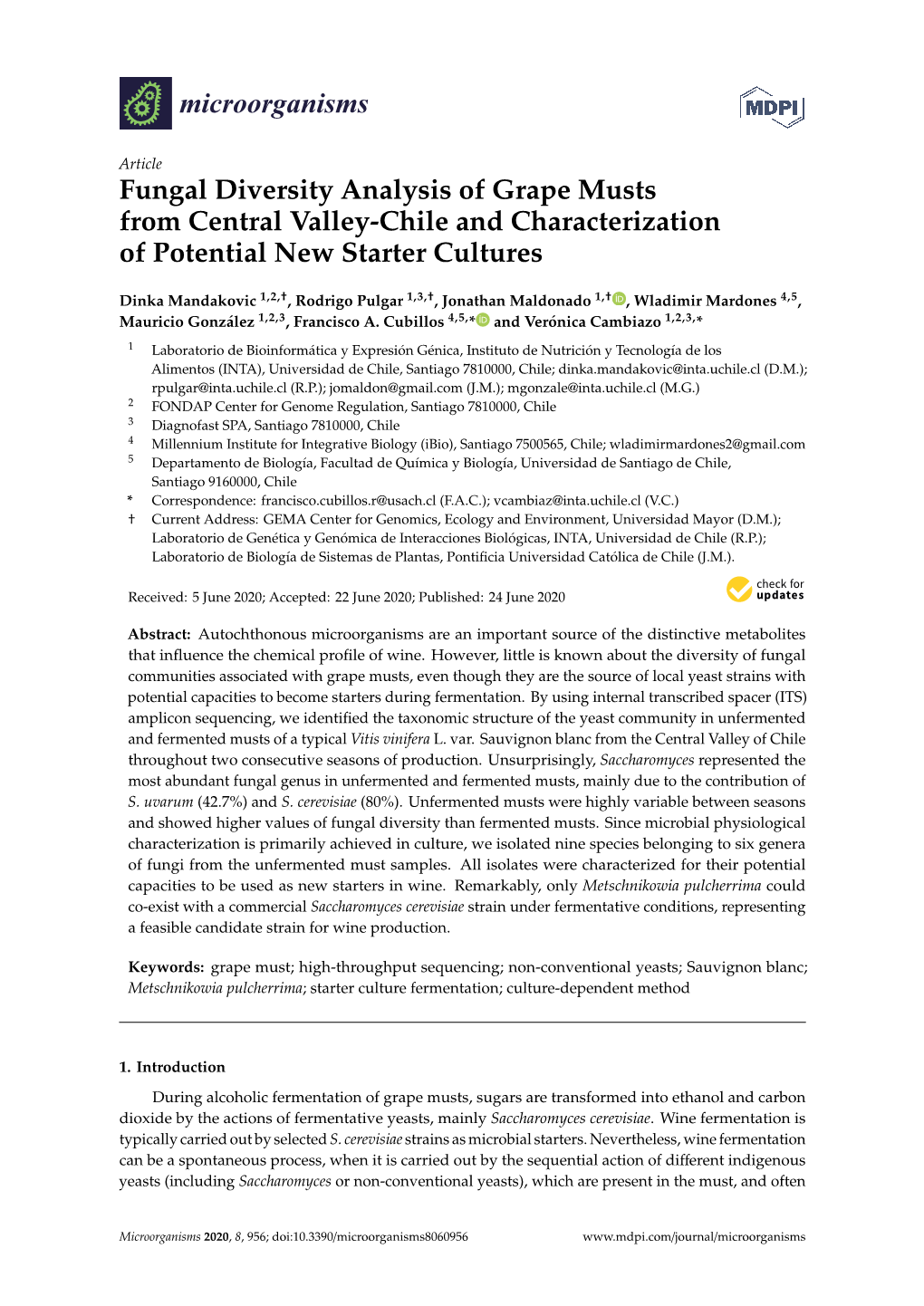 Fungal Diversity Analysis of Grape Musts from Central Valley-Chile and Characterization of Potential New Starter Cultures