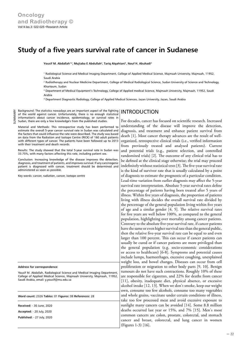 Study of a Five Years Survival Rate of Cancer in Sudanese