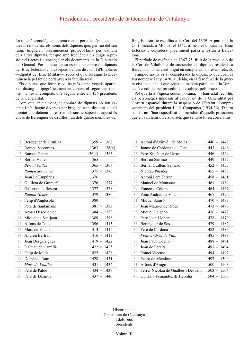 Presidències I Presidents De La Generalitat De Catalunya