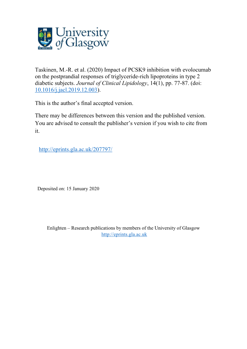 (2020) Impact of PCSK9 Inhibition with Evolocumab on the Postprandial Responses of Triglyceride-Rich Lipoproteins in Type 2 Diabetic Subjects