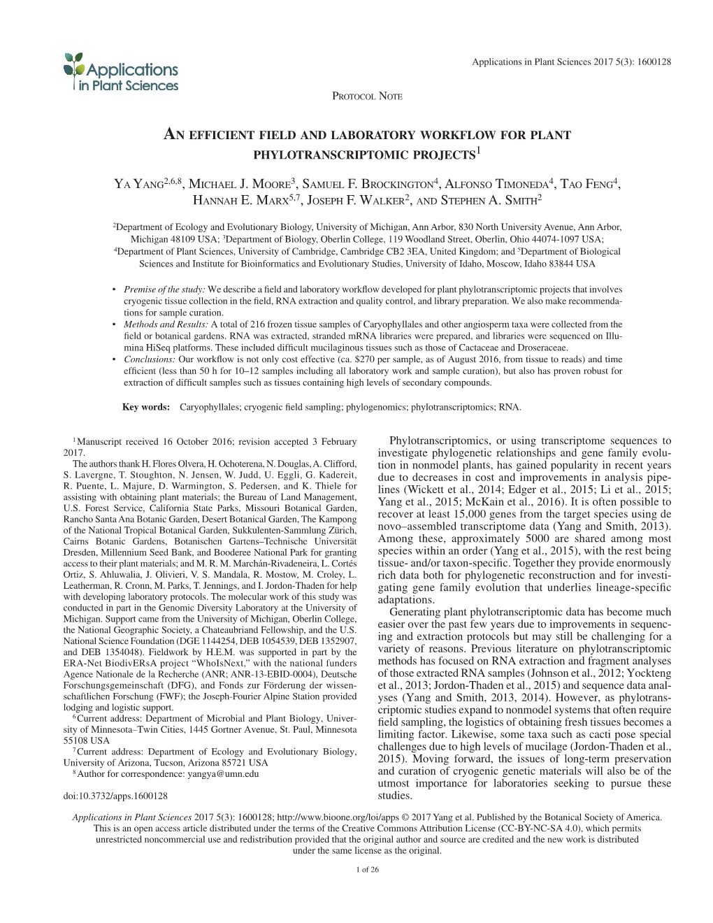 An Efficient Field and Laboratory Workflow for Plant Phylotranscriptomic Projects1