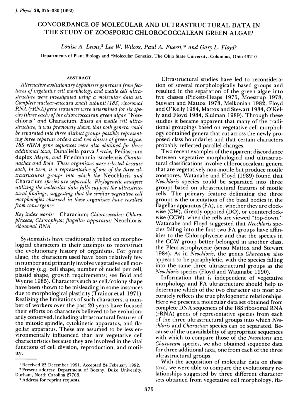 Concordance of Molecular and Ultrastructural Data in the Study of Zoosporic Chlorococcalean Green Algae'