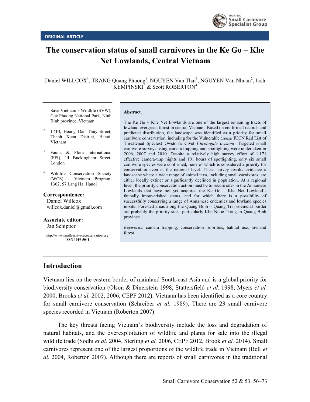 The Conservation Status of Small Carnivores in the Ke Go – Khe Net Lowlands, Central Vietnam