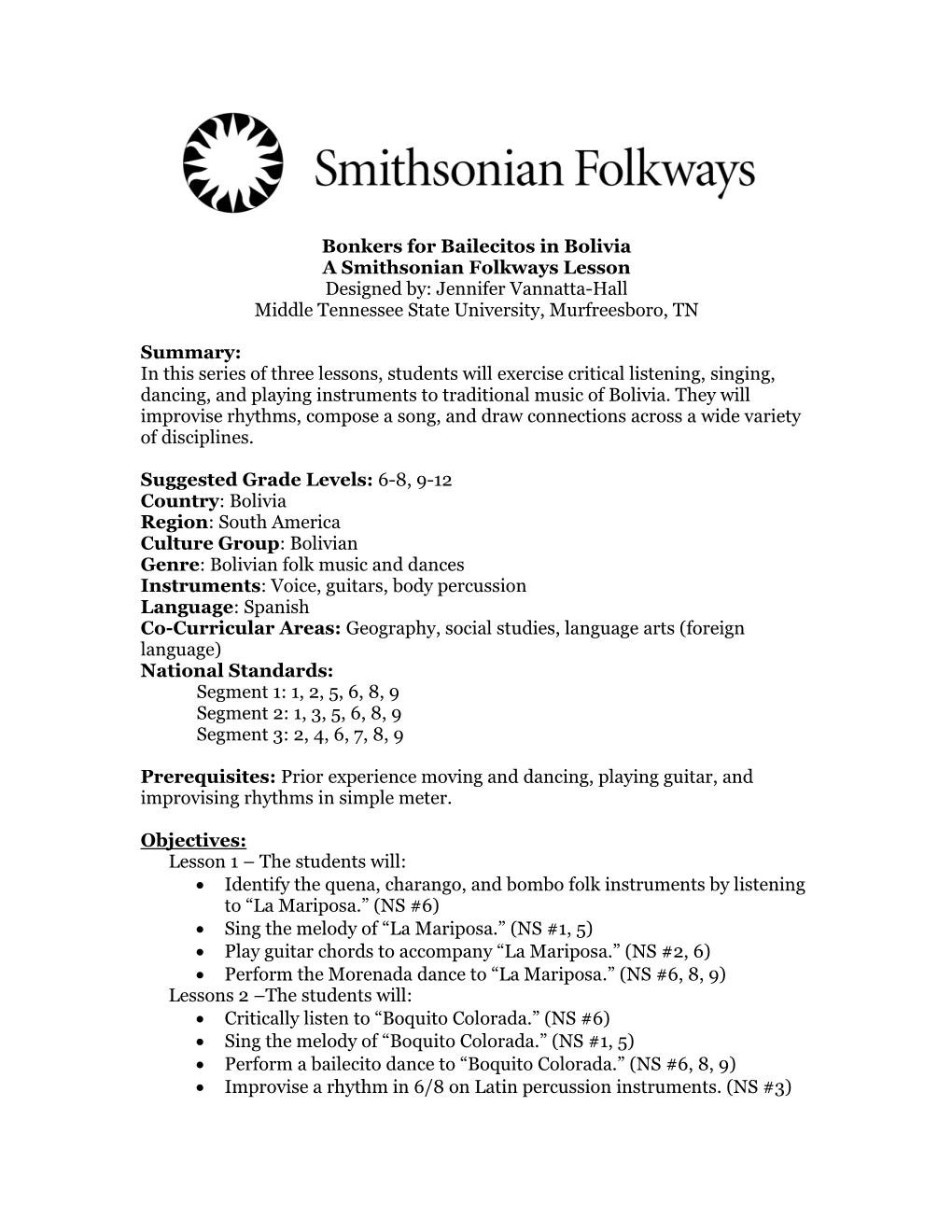 Bonkers for Bailecitos in Bolivia a Smithsonian Folkways Lesson Designed By: Jennifer Vannatta-Hall Middle Tennessee State University, Murfreesboro, TN
