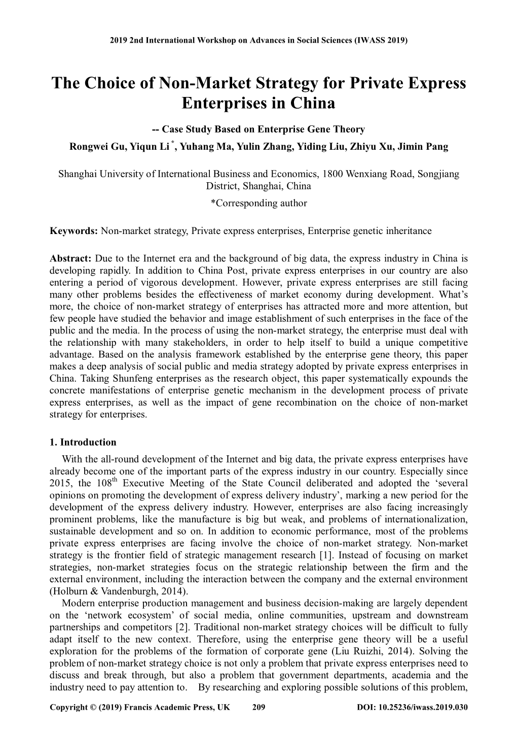 The Choice of Non-Market Strategy for Private Express Enterprises in China