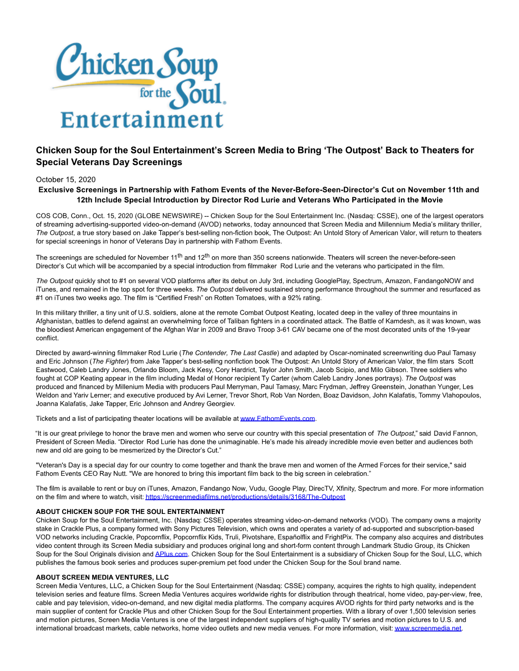 Chicken Soup for the Soul Entertainment's Screen Media to Bring