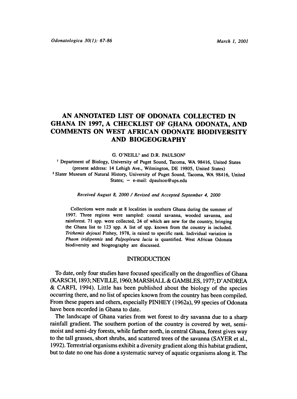 1997, a Odonata, Specifically on the Dragonflies of Ghana Published