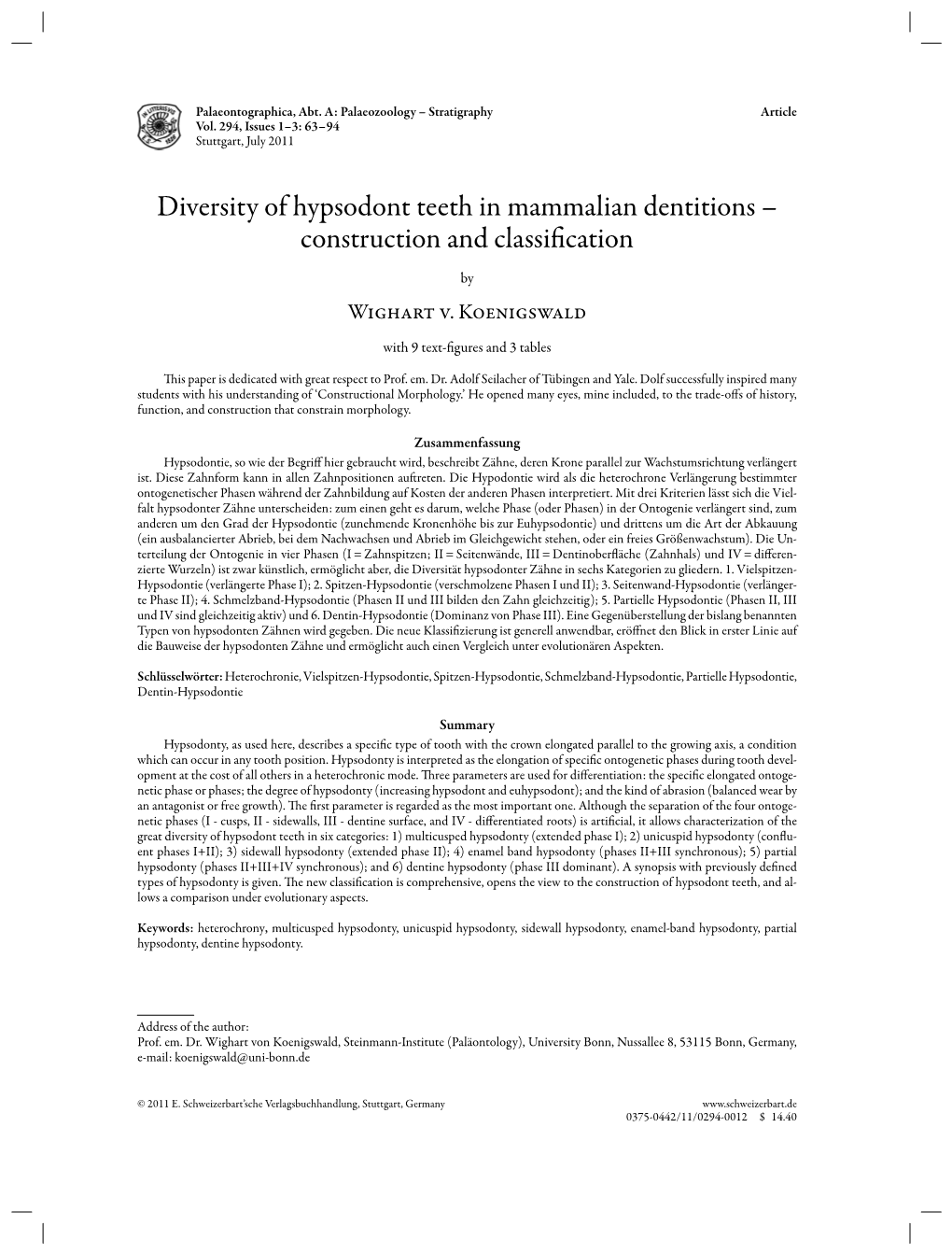 Diversity of Hypsodont Teeth in Mammalian Dentitions – Construction and Classification