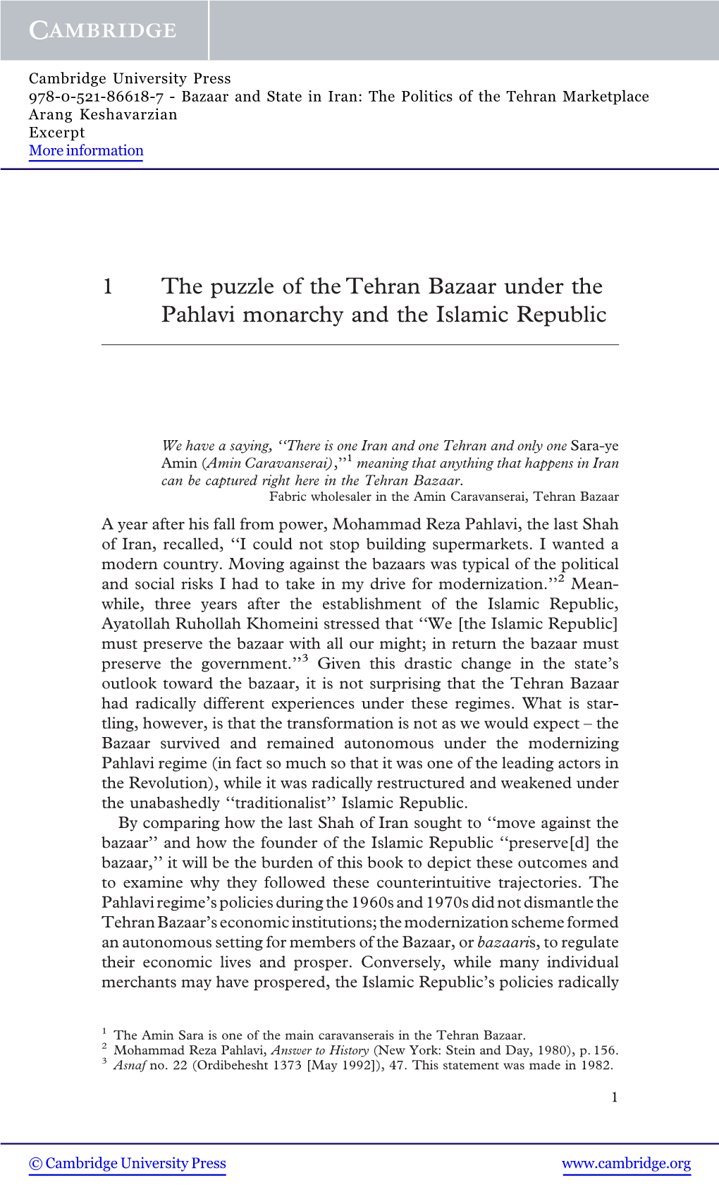 1 the Puzzle of the Tehran Bazaar Under the Pahlavi Monarchy and the Islamic Republic