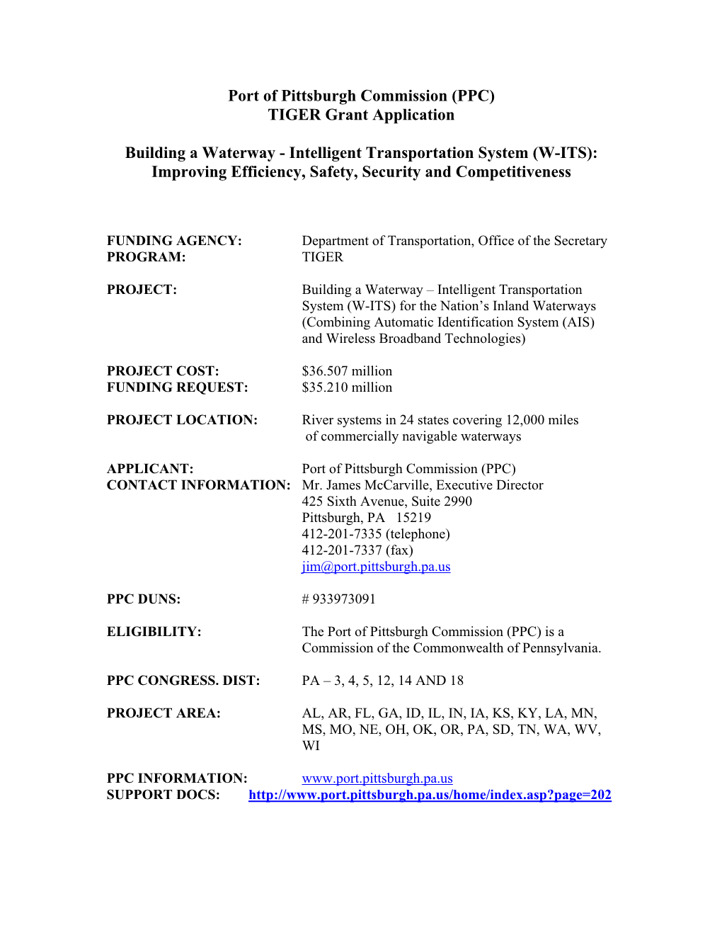 Port of Pittsburgh Commission (PPC) TIGER Grant Application