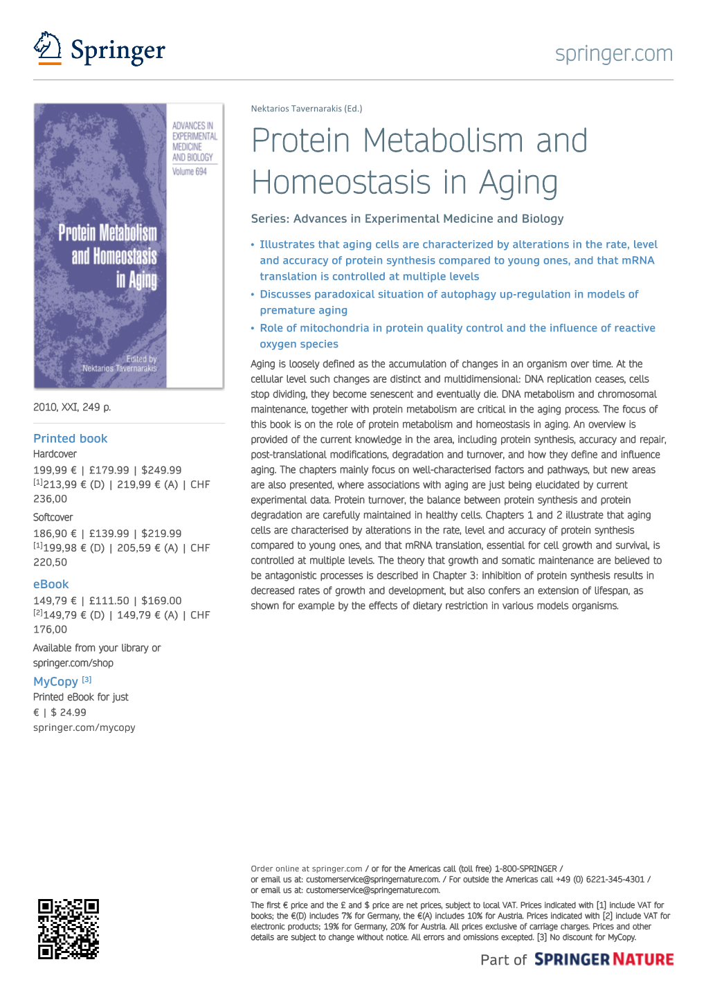 Protein Metabolism and Homeostasis in Aging Series: Advances in Experimental Medicine and Biology