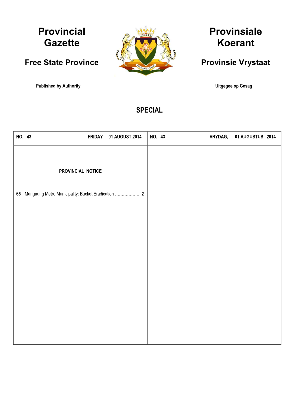 Provincial Gazette for Free State No 43 of 01-August-2014