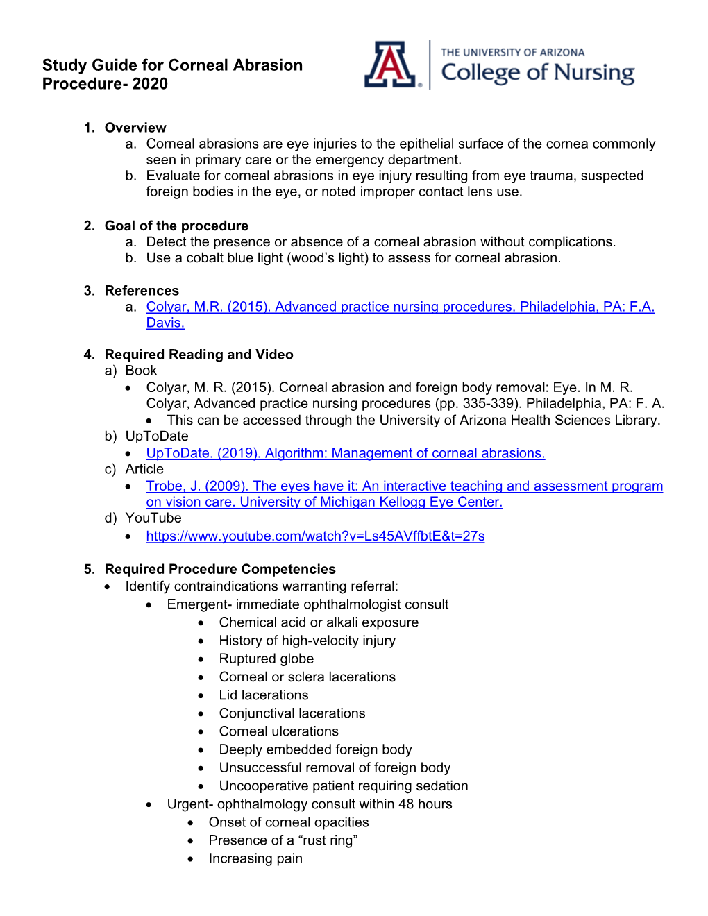 Study Guide for Corneal Abrasion Procedure- 2020