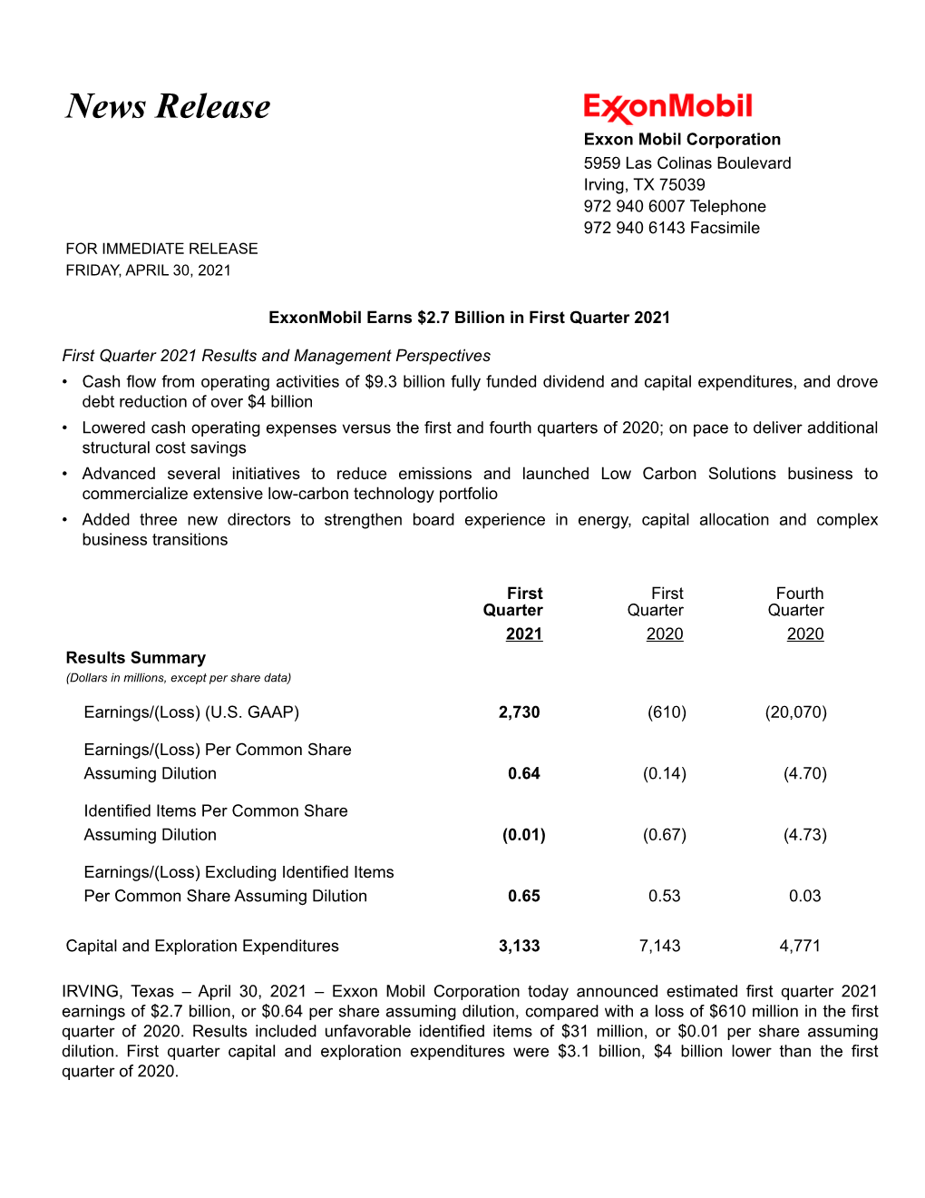 Exxonmobil Earns $2.7 Billion in First Quarter 2021