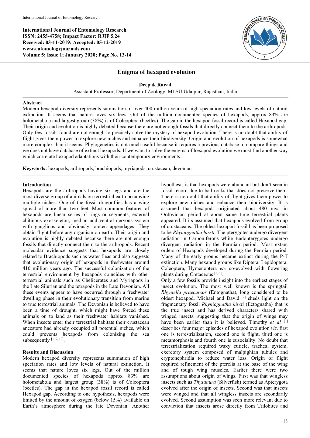 Enigma of Hexapod Evolution