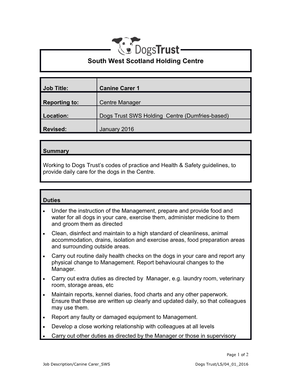 Job Description/Canine Carer SWS Dogs Trust/LS/04 01 2016