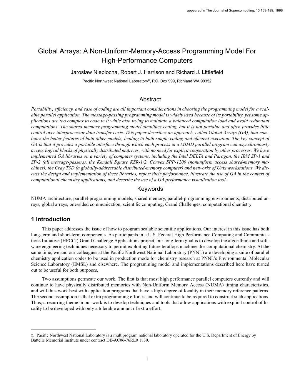 Global Arrays: a Non-Uniform-Memory-Access Programming Model for High-Performance Computers