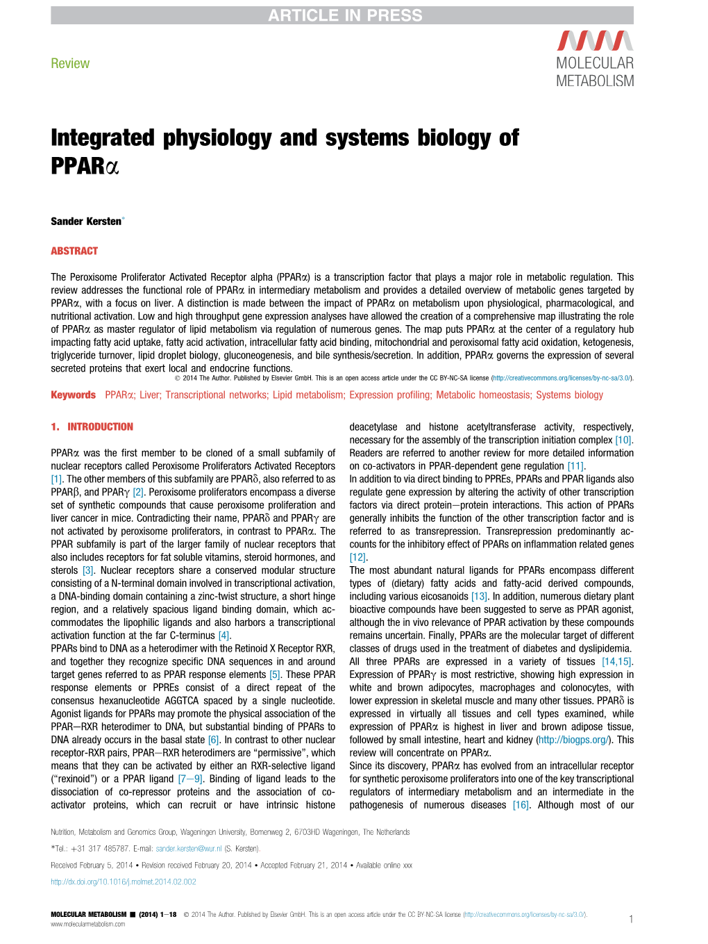 Integrated Physiology and Systems Biology of Ppara