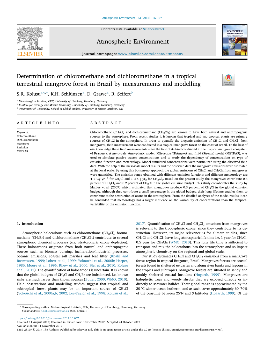 Determination of Chloromethane and Dichloromethane in a Tropical T Terrestrial Mangrove Forest in Brazil by Measurements and Modelling