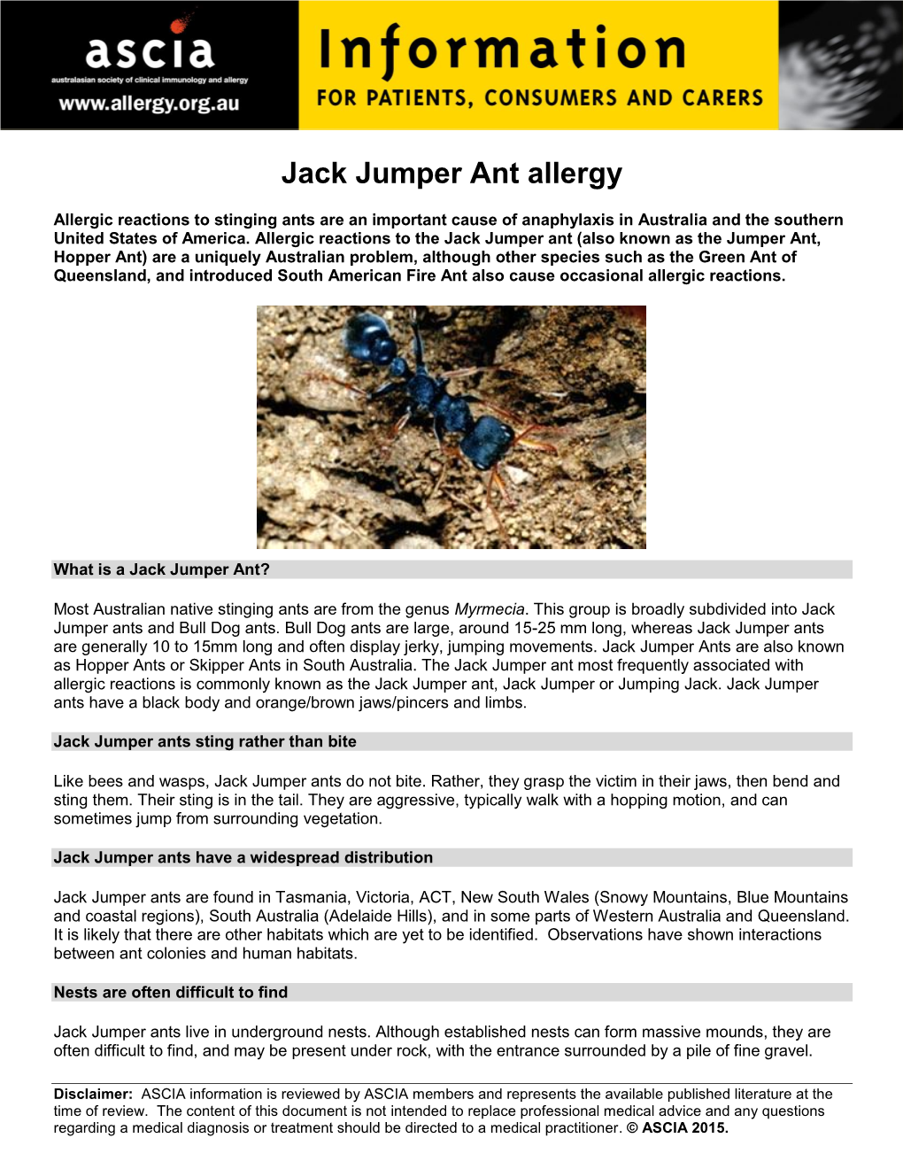 Jack Jumper Ant Allergies (ASCIA)