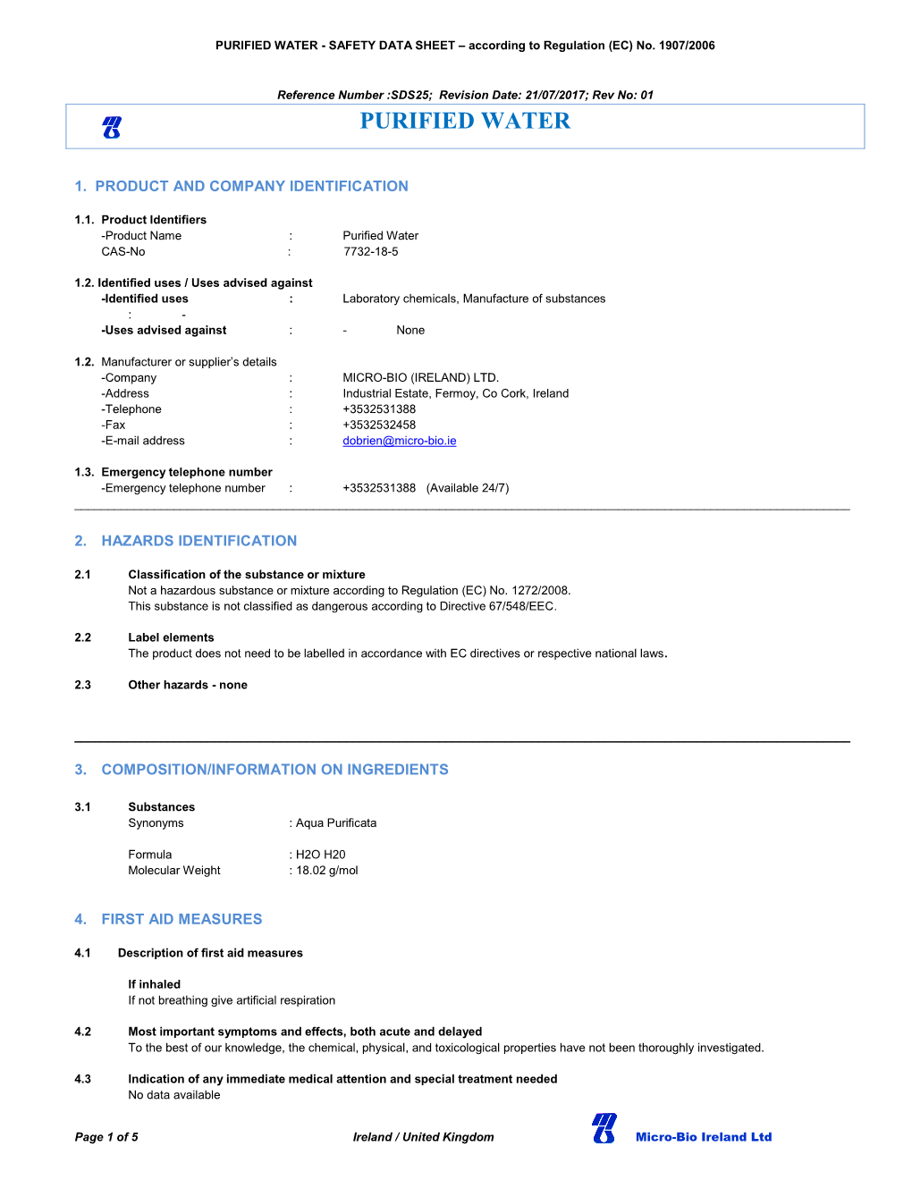 Download the Purified Water Health & Safety Data Sheet