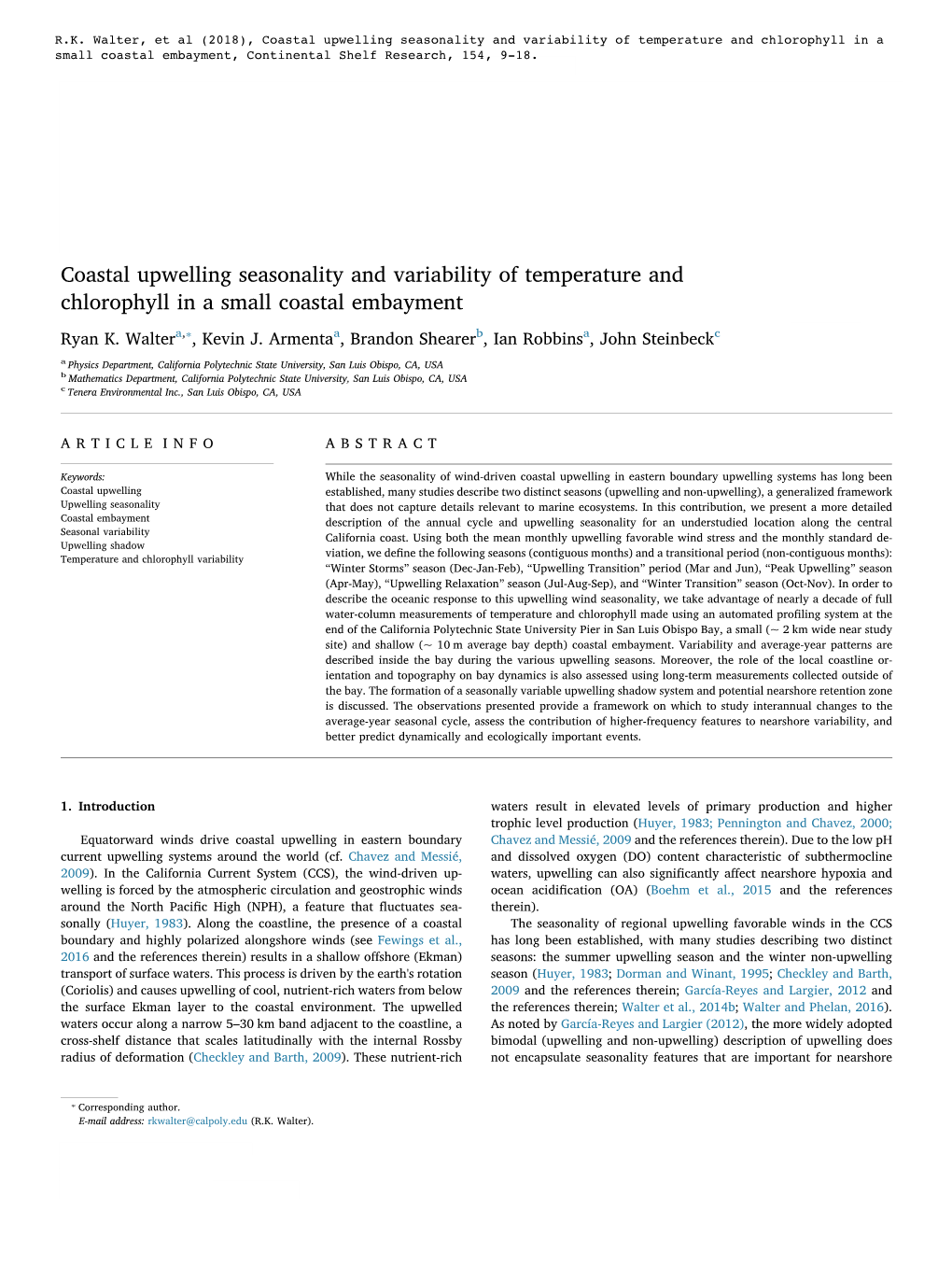 Coastal Upwelling Seasonality and Variability of Temperature and Chlorophyll in a Small Coastal Embayment, Continental Shelf Research, 154, 9-18