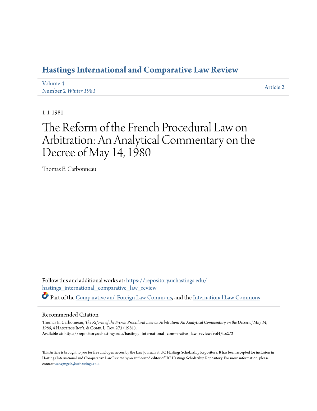 The Reform of the French Procedural Law on Arbitration: an Analytical Commentary on the Decree of May 14, 1980 Thomas E