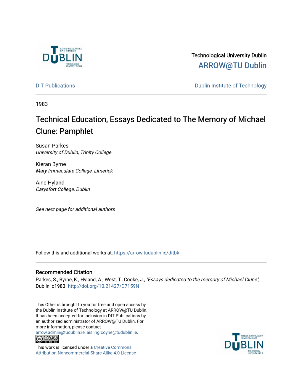 Technical Education, Essays Dedicated to the Memory of Michael Clune: Pamphlet