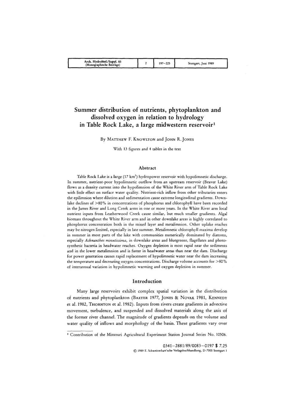 Summer Distribution of Nutrients, Phytoplankton and Dissolved Oxygen in Relation to Hydrology in Table Rock Lake, a Large Midwestern Reservoir1