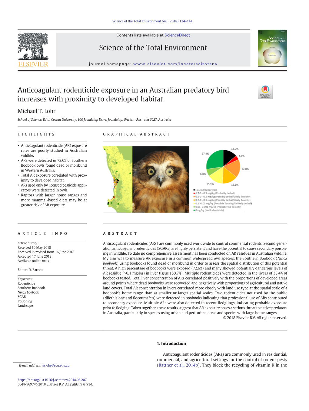 Anticoagulant Rodenticide Exposure in an Australian Predatory Bird Increases with Proximity to Developed Habitat