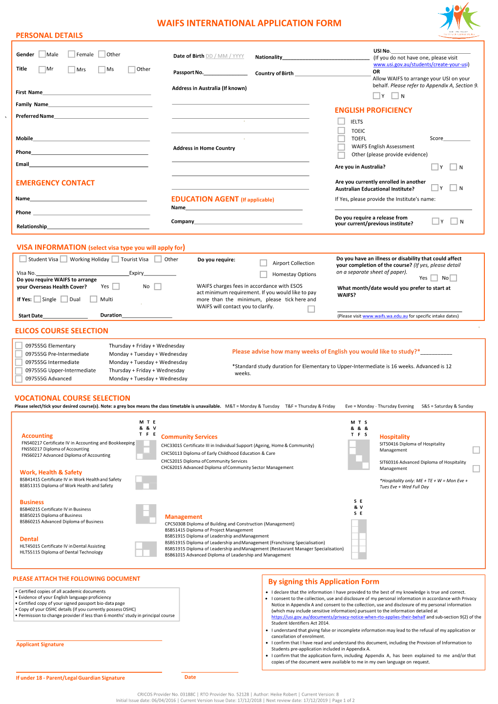 Waifs International Application Form Personal Details