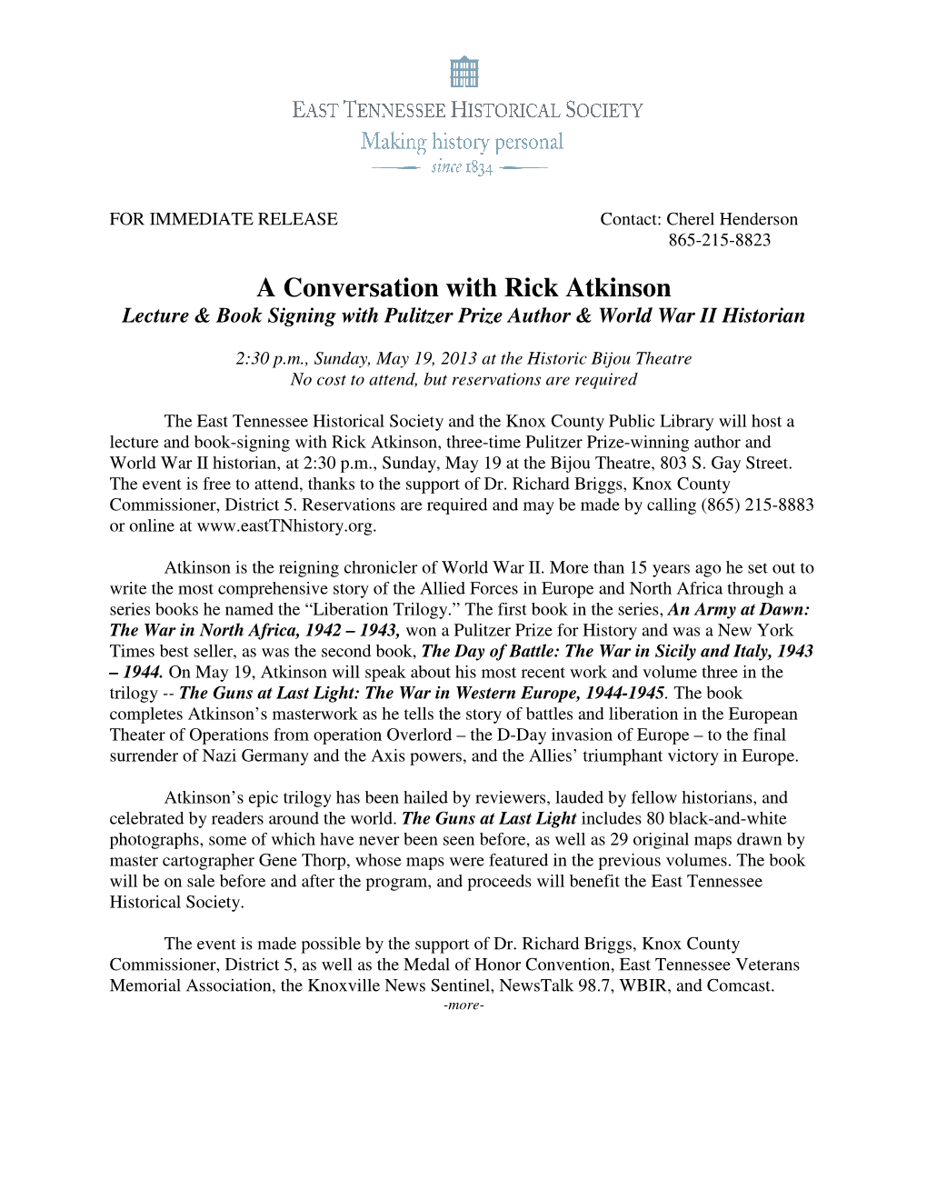 A Conversation with Rick Atkinson Lecture & Book Signing with Pulitzer Prize Author & World War II Historian