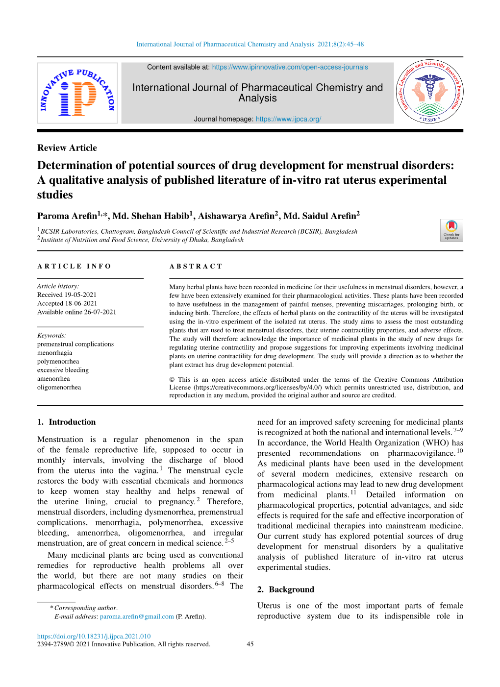 Determination of Potential Sources of Drug Development for Menstrual