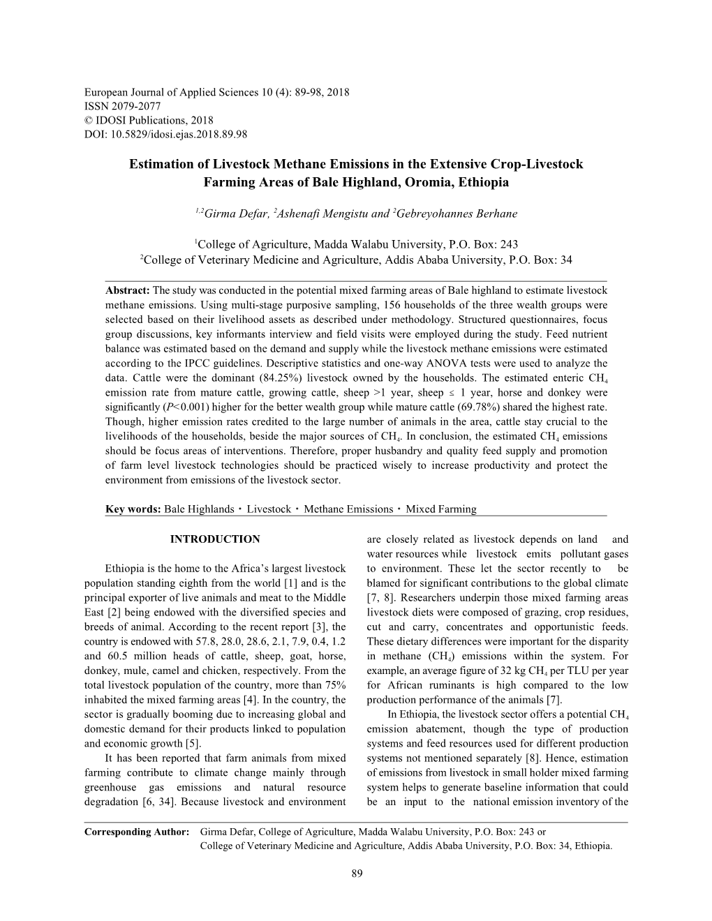 Estimation of Livestock Methane Emissions in the Extensive Crop-Livestock Farming Areas of Bale Highland, Oromia, Ethiopia