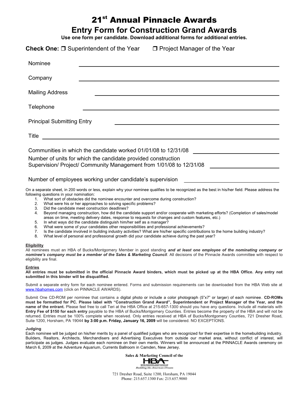 2005 PINNACLE Entry Form CONSTRUCTION GRAND AWARDS