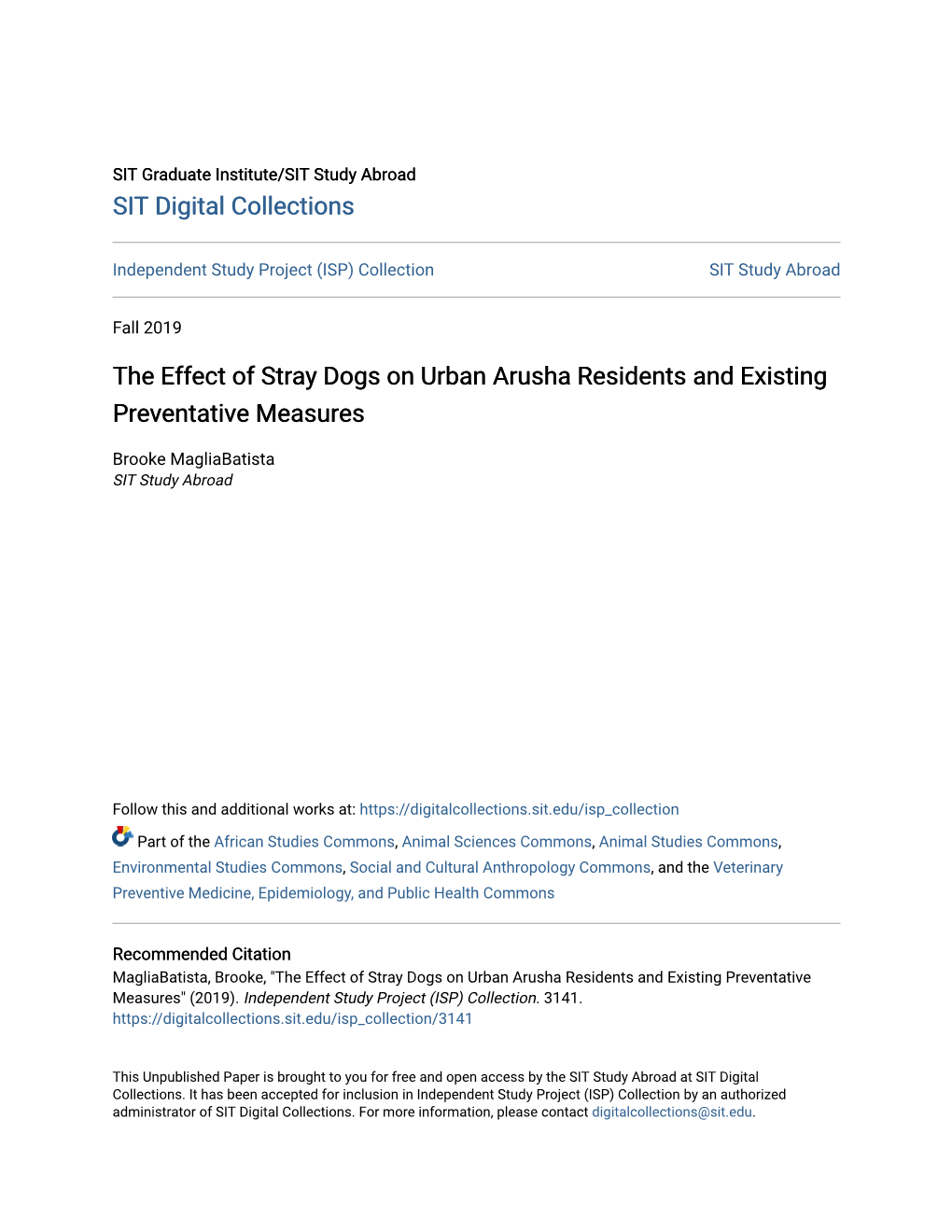 The Effect of Stray Dogs on Urban Arusha Residents and Existing Preventative Measures