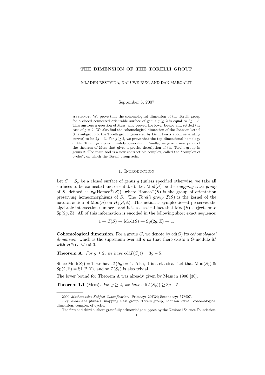 THE DIMENSION of the TORELLI GROUP September 3, 2007 1