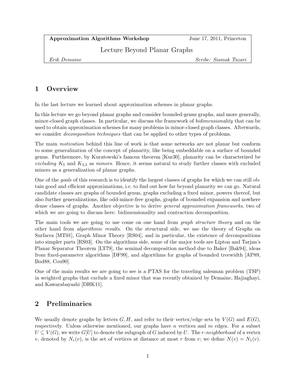 Lecture Beyond Planar Graphs 1 Overview 2 Preliminaries