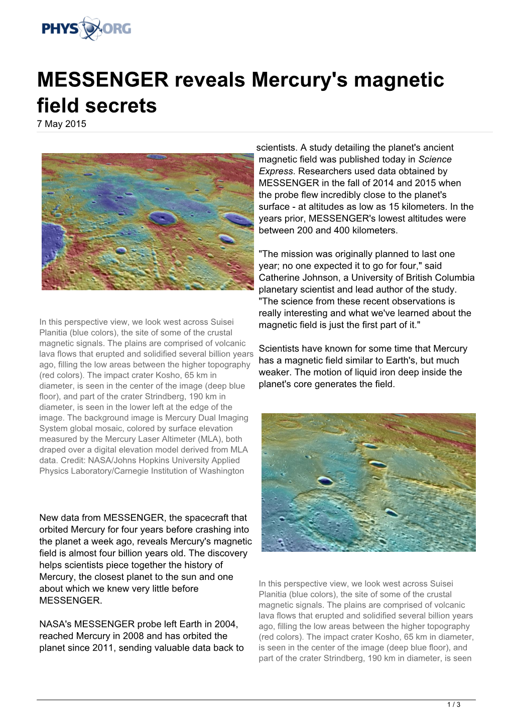 MESSENGER Reveals Mercury's Magnetic Field Secrets 7 May 2015