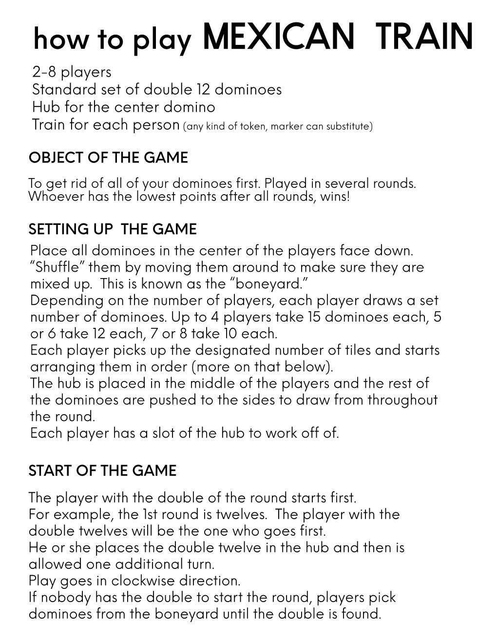 MEXICAN TRAIN 2-8 Players Standard Set of Double 12 Dominoes Hub for the Center Domino Train for Each Person (Any Kind of Token, Marker Can Substitute)