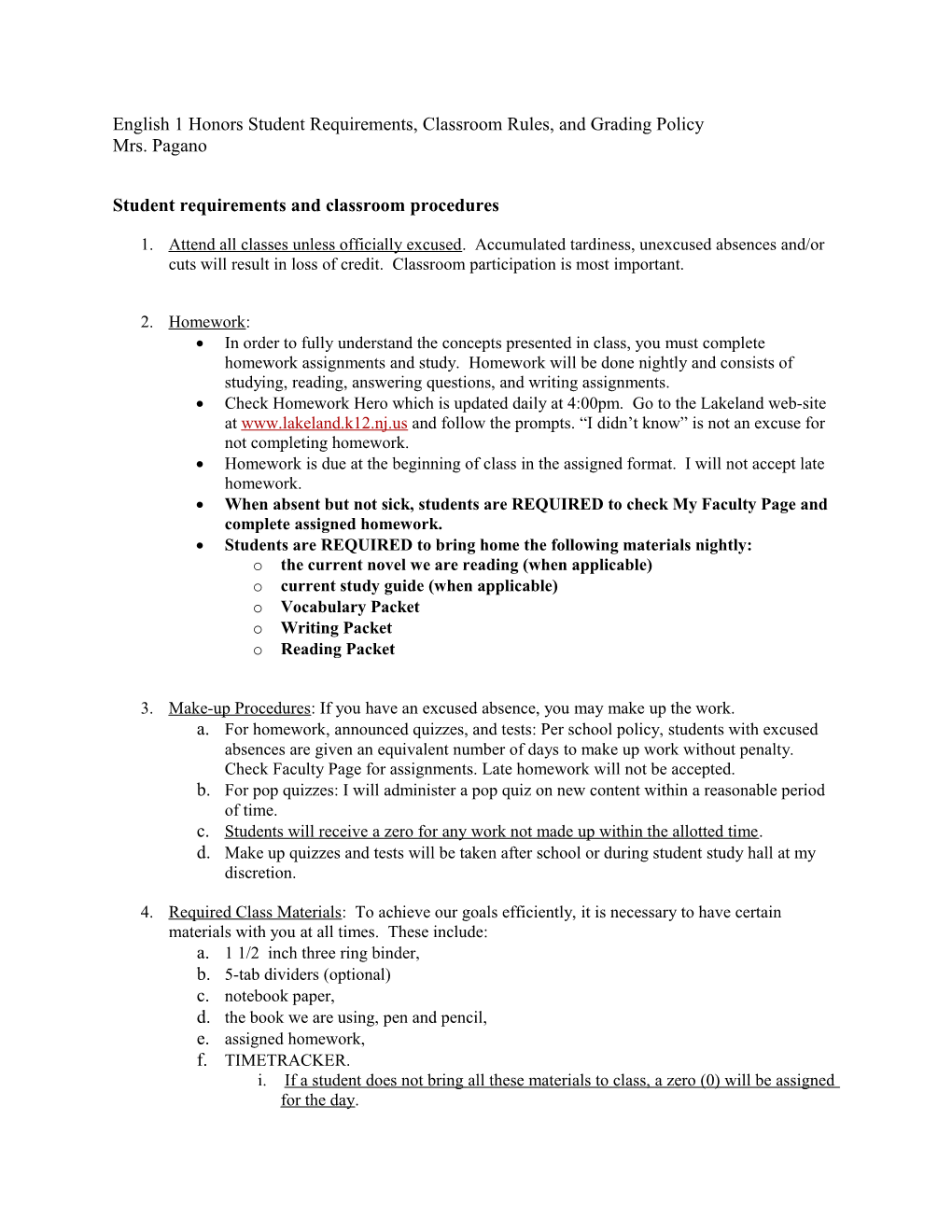 Student Requirements and Classroom Procedures